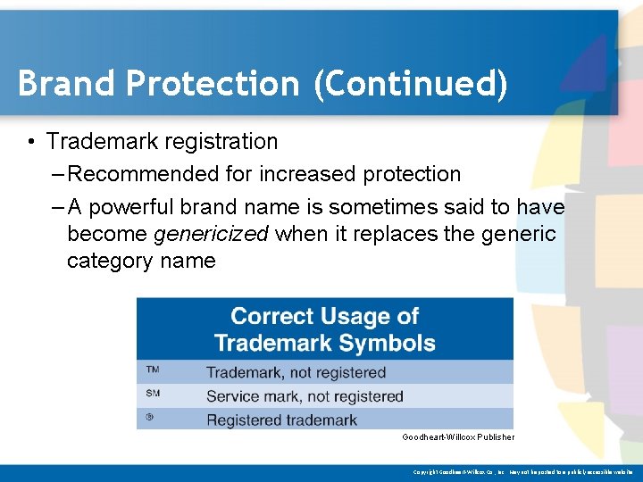Brand Protection (Continued) • Trademark registration – Recommended for increased protection – A powerful