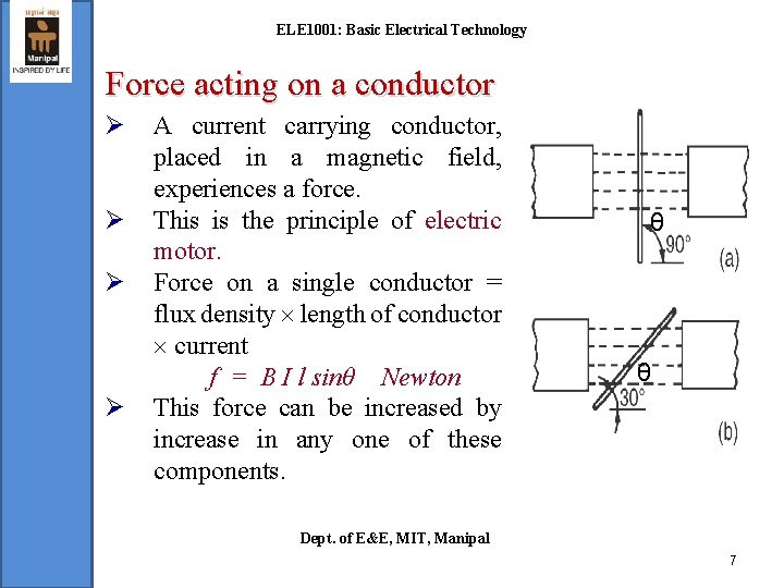 ELE 1001: Basic Electrical Technology Force acting on a conductor Ø Ø A current