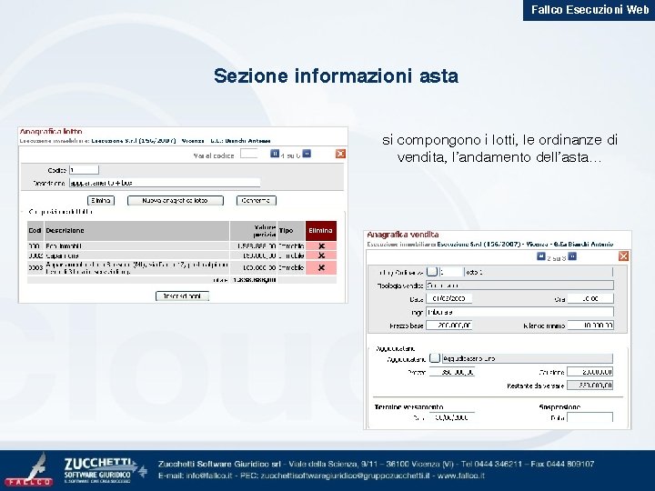 Fallco Esecuzioni Web Sezione informazioni asta si compongono i lotti, le ordinanze di vendita,