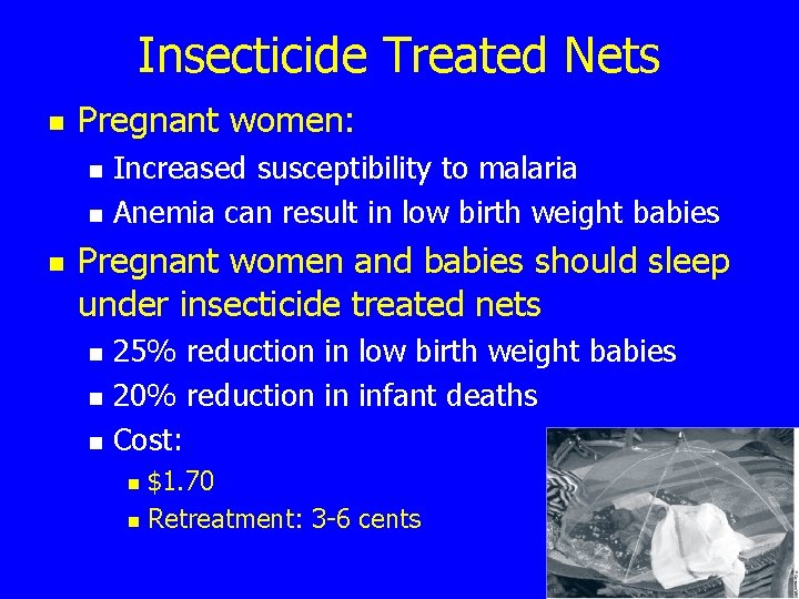 Insecticide Treated Nets n Pregnant women: n n n Increased susceptibility to malaria Anemia