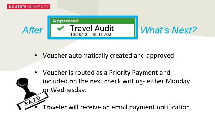 After Travel Audit What’s Next? • Voucher automatically created and approved. • Voucher is