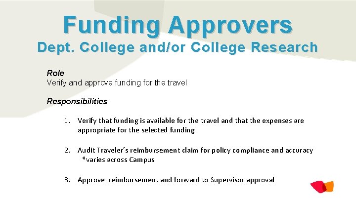 Funding Approvers Dept. College and/or College Research Role Verify and approve funding for the