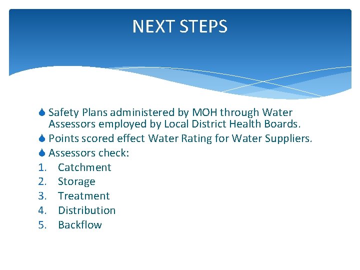 NEXT STEPS S Safety Plans administered by MOH through Water Assessors employed by Local