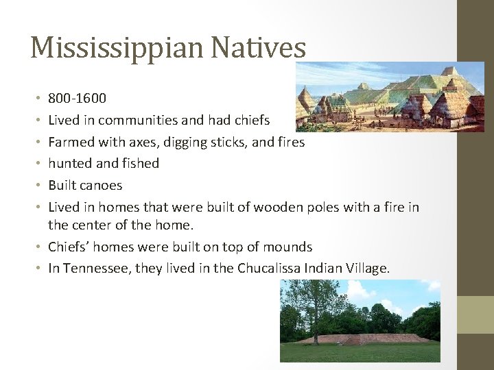 Mississippian Natives 800 -1600 Lived in communities and had chiefs Farmed with axes, digging