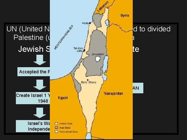 1947 UN (United Nations) after WW II decided to divided Palestine (under British control)