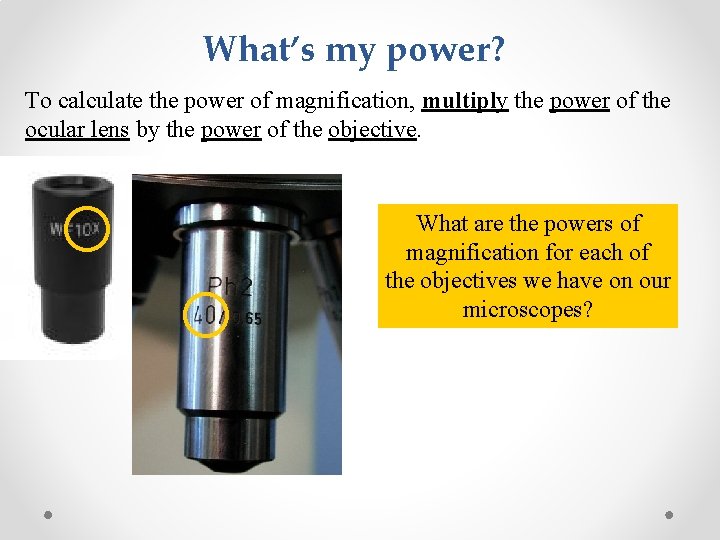 What’s my power? To calculate the power of magnification, multiply the power of the