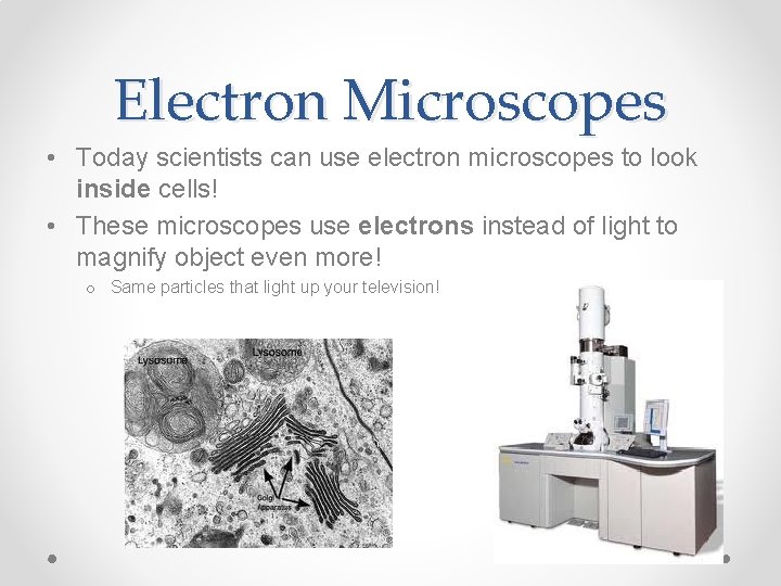 Electron Microscopes • Today scientists can use electron microscopes to look inside cells! •