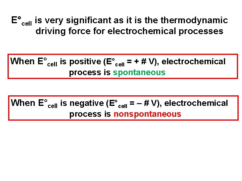 E°cell is very significant as it is thermodynamic driving force for electrochemical processes When