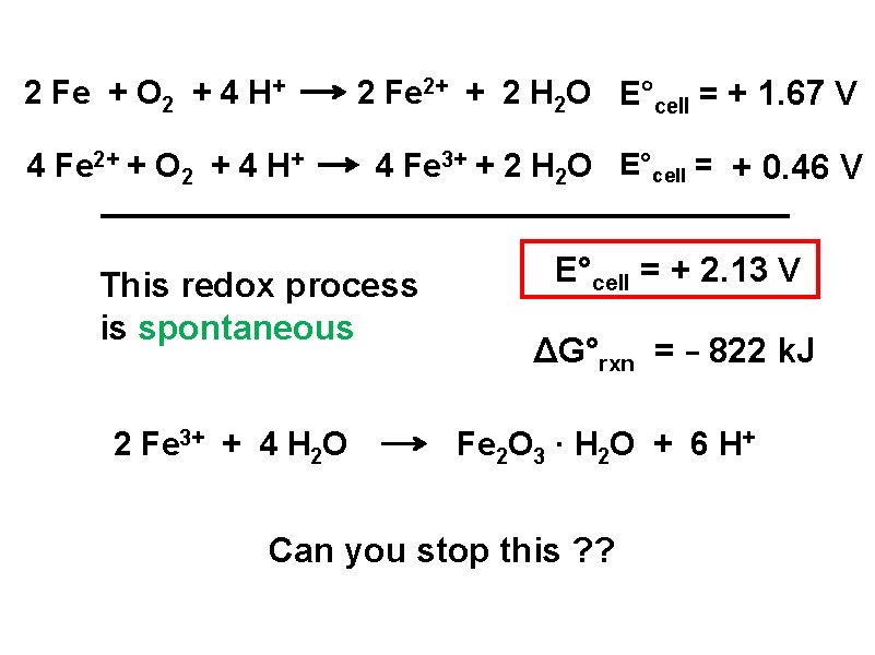2 Fe + O 2 + 4 H+ 4 Fe 2+ + O 2