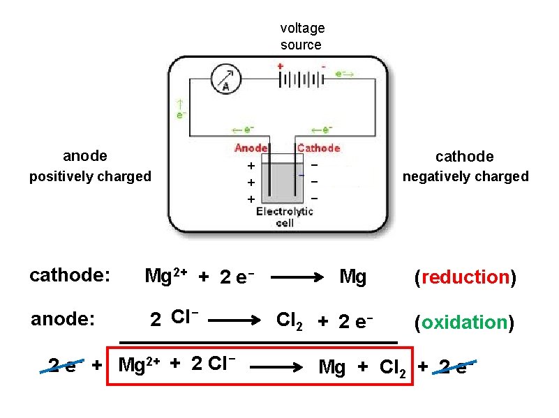 voltage source anode positively charged + + + cathode: Mg 2+ + 2 e-