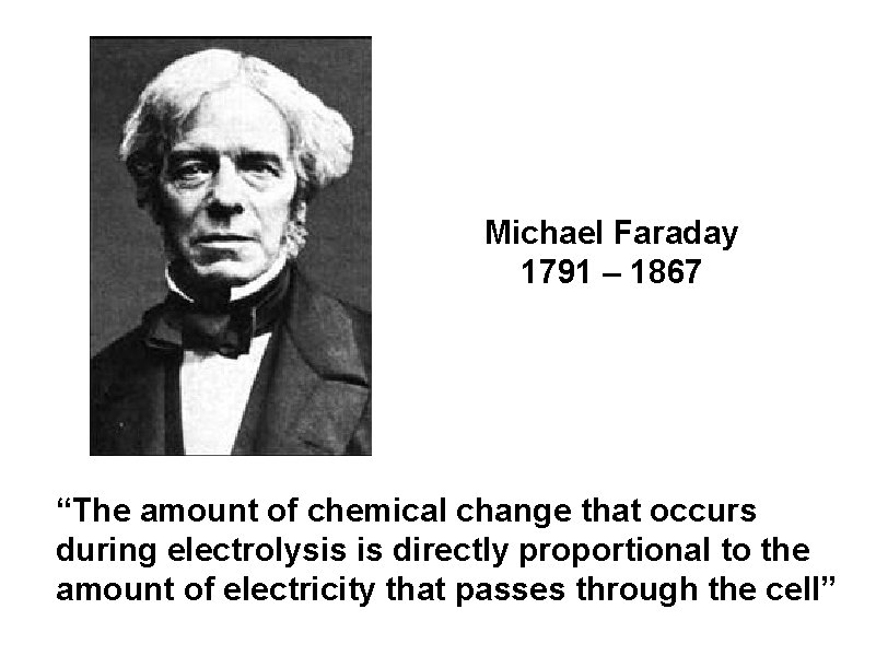 Michael Faraday 1791 – 1867 “The amount of chemical change that occurs during electrolysis