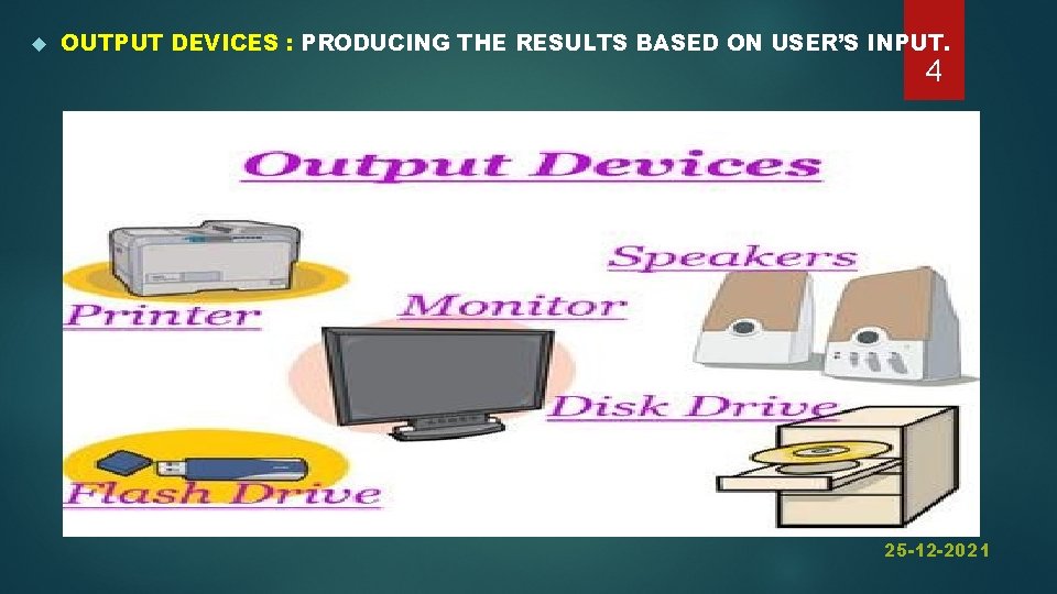  OUTPUT DEVICES : PRODUCING THE RESULTS BASED ON USER’S INPUT. 4 25 -12