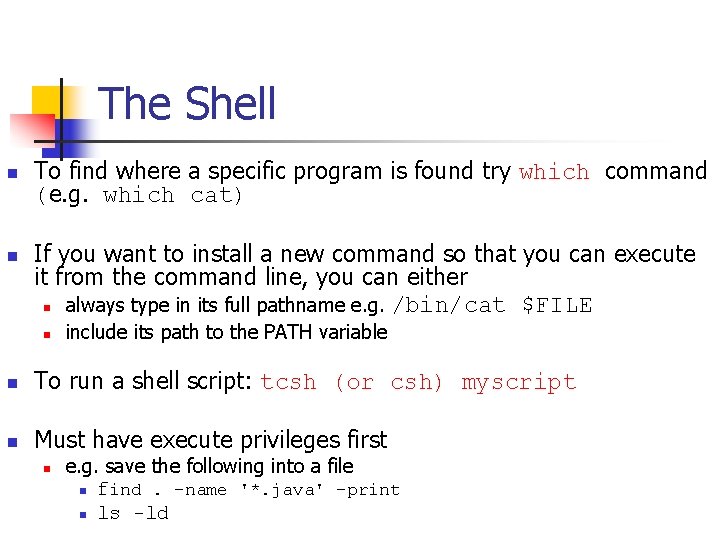 The Shell n n To find where a specific program is found try which