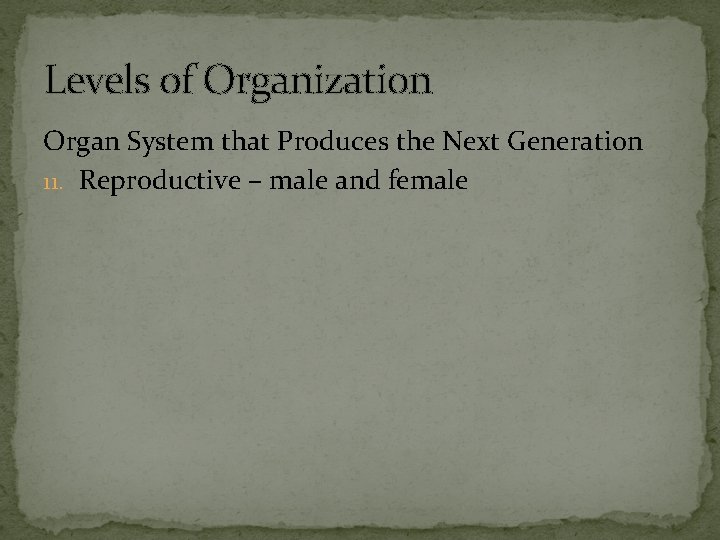 Levels of Organization Organ System that Produces the Next Generation 11. Reproductive – male