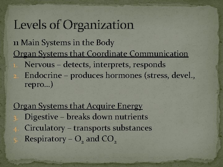 Levels of Organization 11 Main Systems in the Body Organ Systems that Coordinate Communication