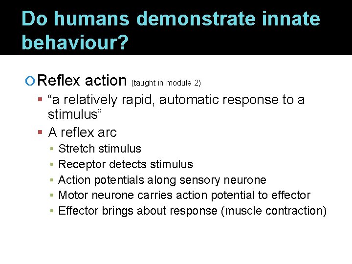Do humans demonstrate innate behaviour? Reflex action (taught in module 2) “a relatively rapid,