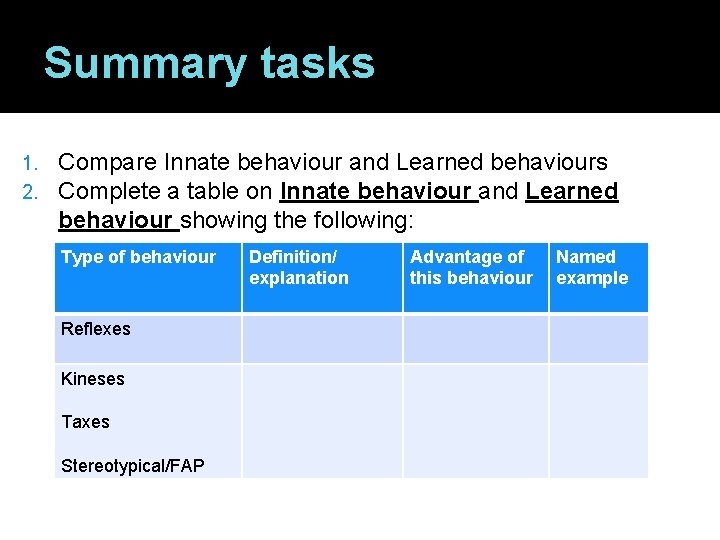 Summary tasks 1. 2. Compare Innate behaviour and Learned behaviours Complete a table on