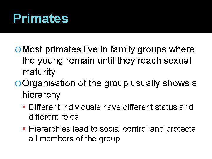 Primates Most primates live in family groups where the young remain until they reach
