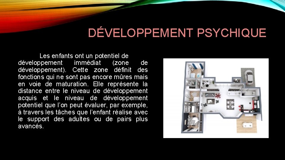 DÉVELOPPEMENT PSYCHIQUE Les enfants ont un potentiel de développement immédiat (zone de développement). Cette