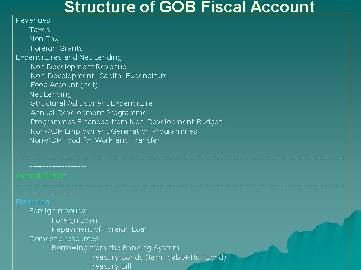 Structure of GOB Fiscal Account Revenues Taxes Non Tax Foreign Grants Expenditures and Net