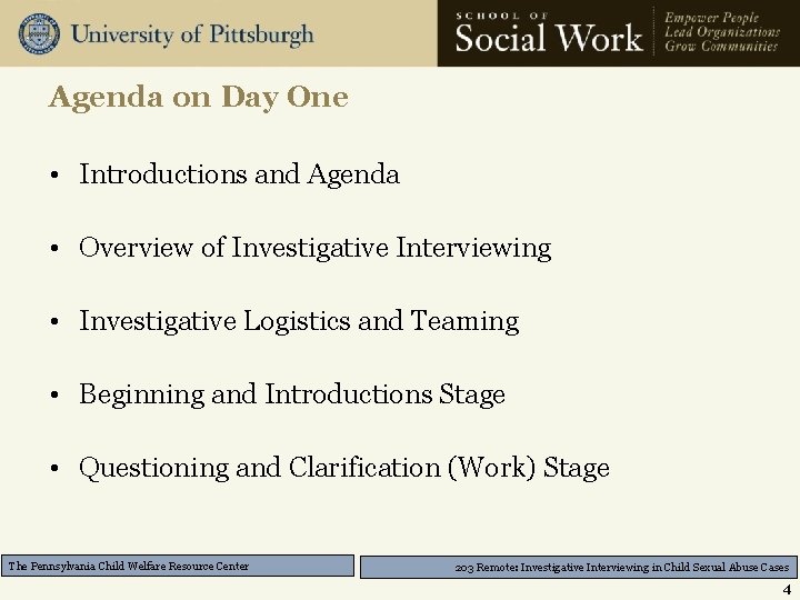 Agenda on Day One • Introductions and Agenda • Overview of Investigative Interviewing •