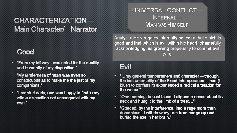 UNIVERSAL CONFLICT— INTERNAL— MAN V/S HIMSELF CHARACTERIZATION— MAIN CHARACTER/ NARRATOR GOOD Analysis: He struggles