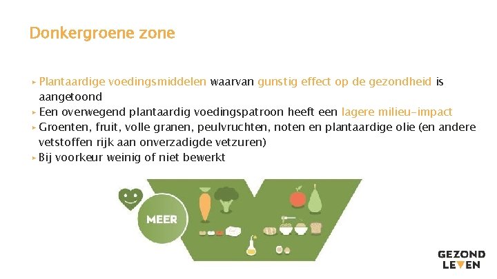 Donkergroene zone ▸ Plantaardige voedingsmiddelen waarvan gunstig effect op de gezondheid is aangetoond ▸