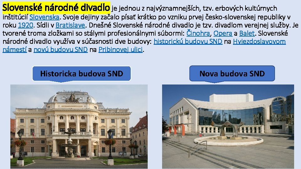 Slovenské národné divadlo je jednou z najvýznamnejších, tzv. erbových kultúrnych inštitúcií Slovenska. Svoje dejiny