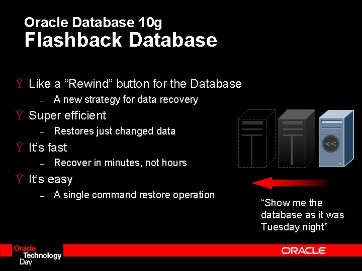 Oracle Database 10 g Flashback Database Ÿ Like a “Rewind” button for the Database Oracle Database 10 g Flashback Database Ÿ Like a “Rewind” button for the Database
