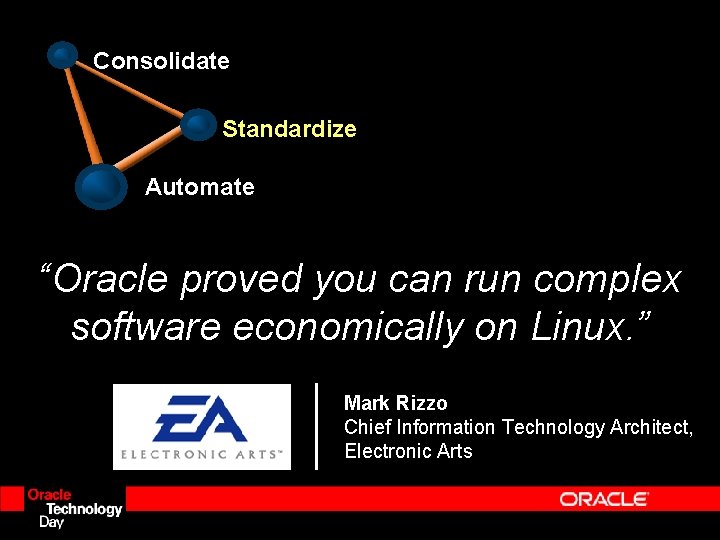 Consolidate Standardize Automate “Oracle proved you can run complex software economically on Linux. ” Consolidate Standardize Automate “Oracle proved you can run complex software economically on Linux. ”