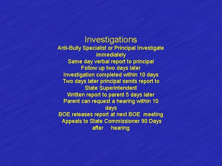 Investigations Anti-Bully Specialist or Principal Investigate immediately Same day verbal report to principal Follow