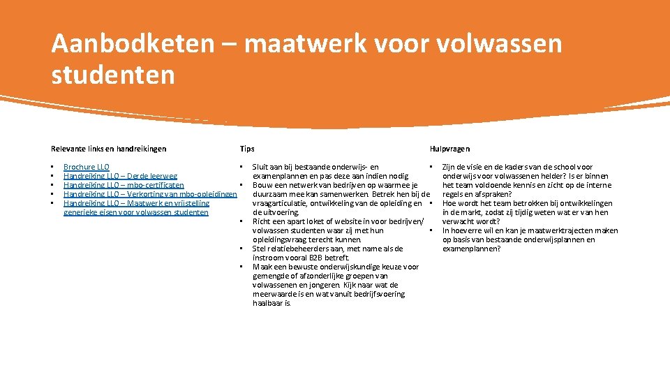 Aanbodketen – maatwerk voor volwassen studenten Relevante links en handreikingen • • • Tips