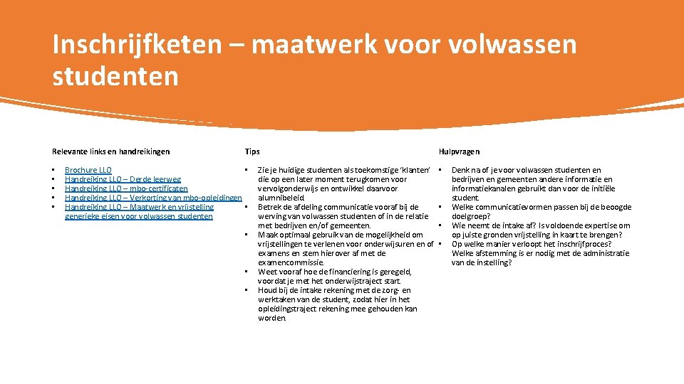 Inschrijfketen – maatwerk voor volwassen studenten Relevante links en handreikingen • • • Tips