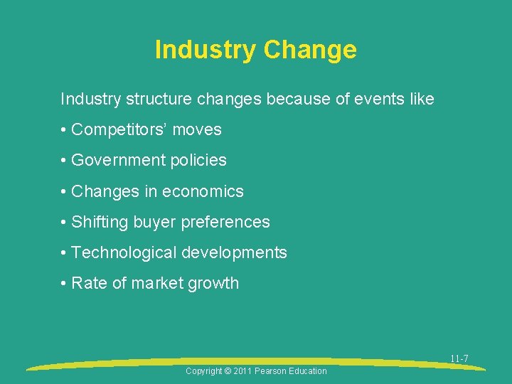 Industry Change Industry structure changes because of events like • Competitors’ moves • Government