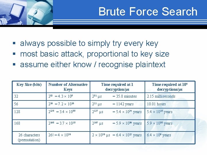 Brute Force Search § always possible to simply try every key § most basic