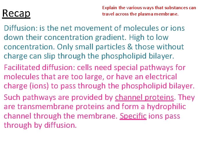 Recap Explain the various ways that substances can travel across the plasma membrane. Diffusion: