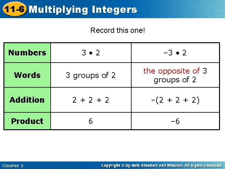 11 -6 Multiplying Integers Record this one! Numbers 3 • 2 – 3 •