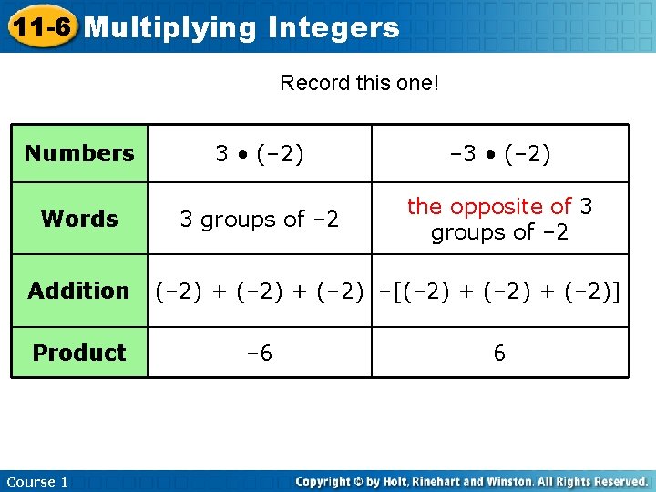 11 -6 Multiplying Integers Record this one! Numbers Words Addition Product Course 1 3