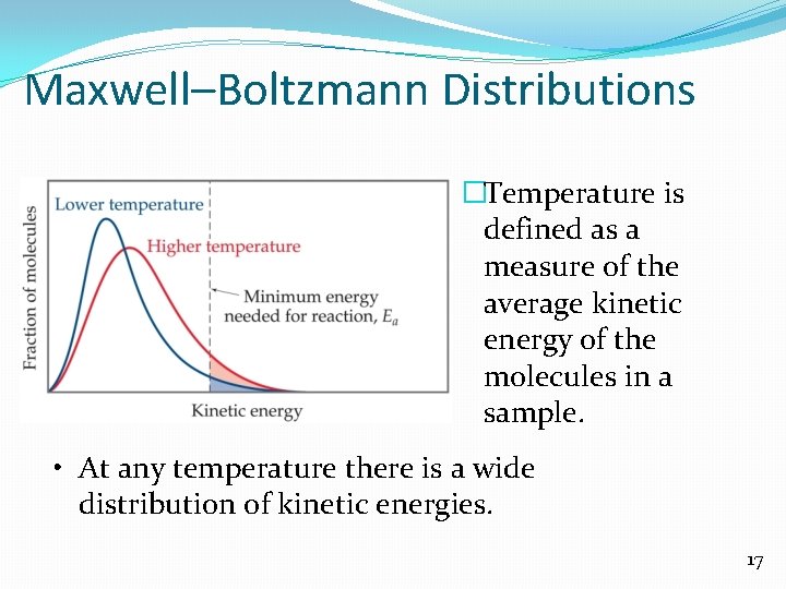 Maxwell–Boltzmann Distributions �Temperature is defined as a measure of the average kinetic energy of
