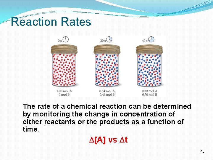 Reaction Rates The rate of a chemical reaction can be determined by monitoring the
