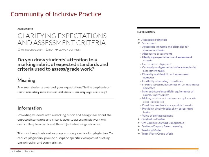 Community of Inclusive Practice La Trobe University 12 