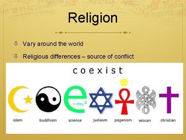 Religion Vary around the world Religious differences – source of conflict Influences aspects of