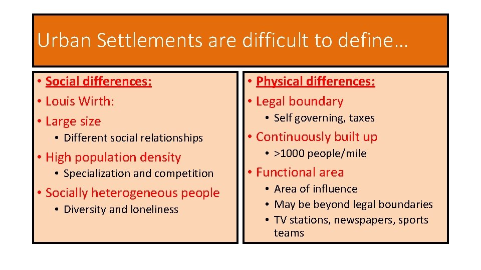Urban Settlements are difficult to define… • Social differences: • Louis Wirth: • Large