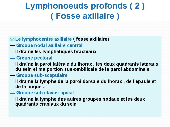 Lymphonoeuds profonds ( 2 ) ( Fosse axillaire ) Le lymphocentre axillaire ( fosse