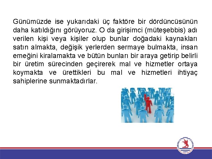 Günümüzde ise yukarıdaki üç faktöre bir dördüncüsünün daha katıldığını görüyoruz. O da girişimci (müteşebbis)