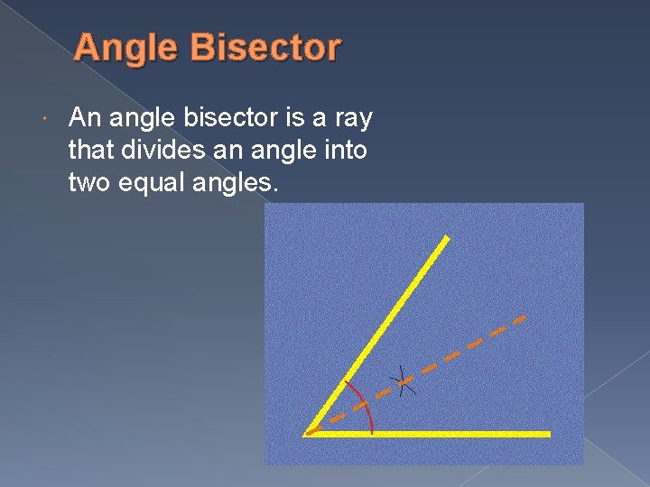 Angle Bisector An angle bisector is a ray that divides an angle into two