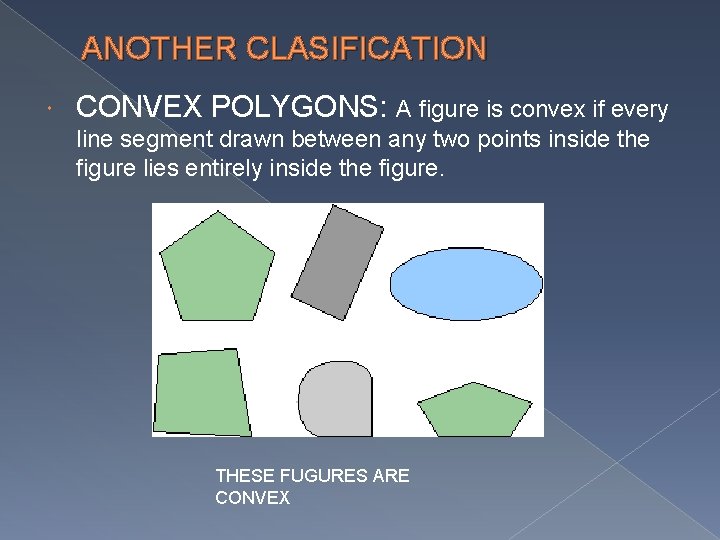 ANOTHER CLASIFICATION CONVEX POLYGONS: A figure is convex if every line segment drawn between