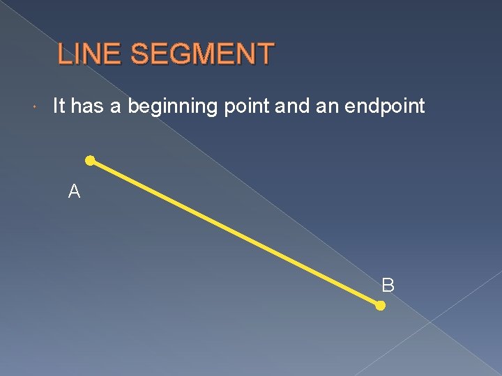 LINE SEGMENT It has a beginning point and an endpoint A B 