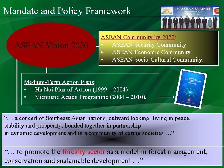 Mandate and Policy Framework ASEAN Vision 2020 ASEAN Community by 2020: • ASEAN Security