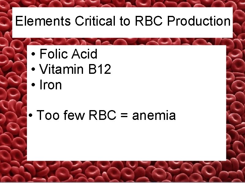 Elements Critical to RBC Production • Folic Acid • Vitamin B 12 • Iron